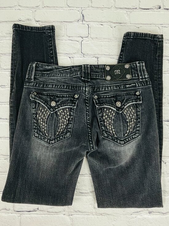 Miss Me Denim - Miss Me Black Angel Wing Rhinestone Skinny Jeans Size 30